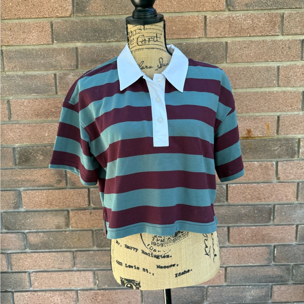 Wildfang Striped Crop Top - Burgundy and Teal Size Small the Essential Rugby Top